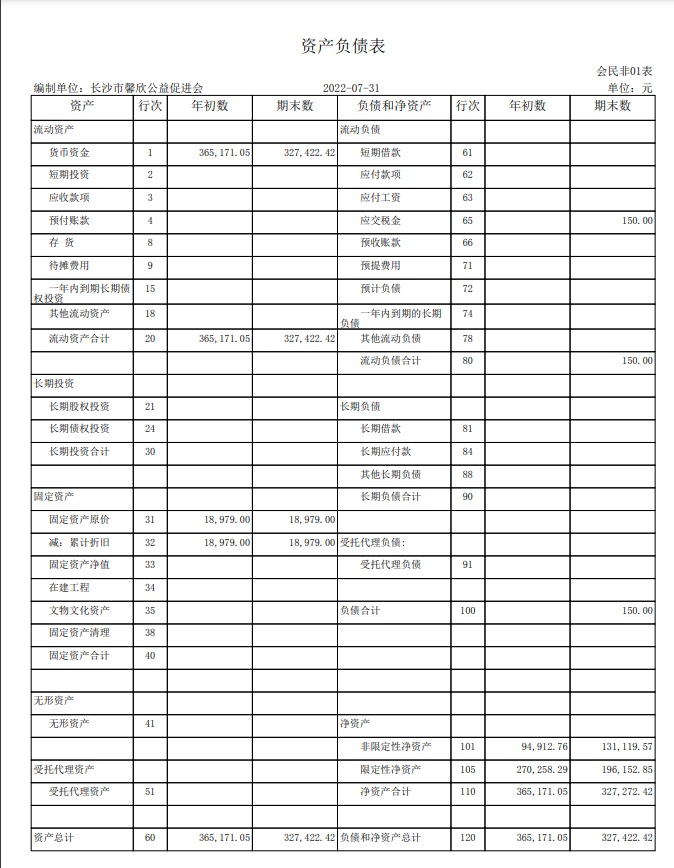 长沙市馨欣公益促进会2022年7月会计报表